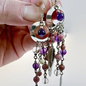 Vintage Native American Earrings: Sterling Silver Feathers Amethyst Dangles